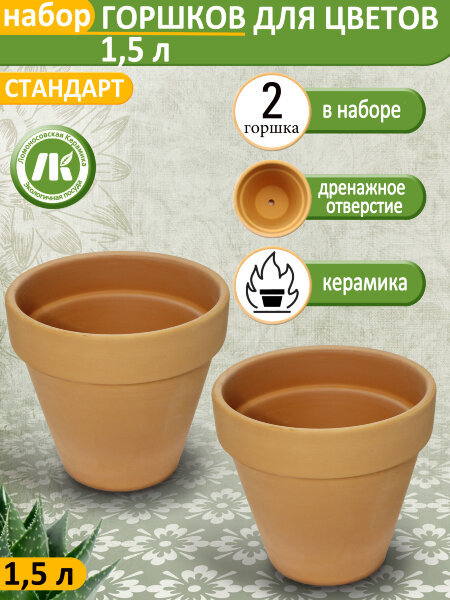 Горшок для цветов без поддона "Стандарт" Терракот, d17см, 1,5л, набор 2шт, керамика