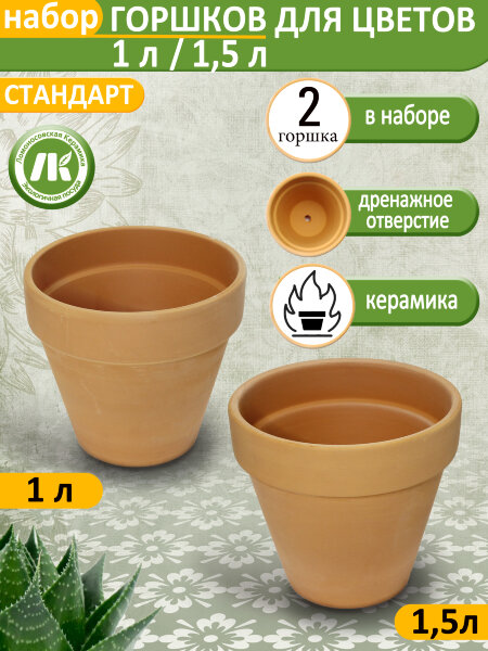 Горшок для цветов без поддона "Стандарт" Терракот, d17см, 1,5л ; d15см, 1л, набор 2шт, керамика