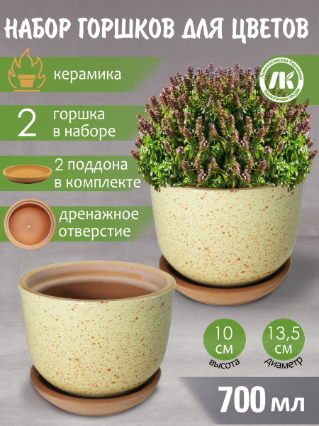 Горшок для цветов с поддоном "Ломоносовский" (желтый) d13,5см, h10см, 0,7л, набор 2шт, керамика