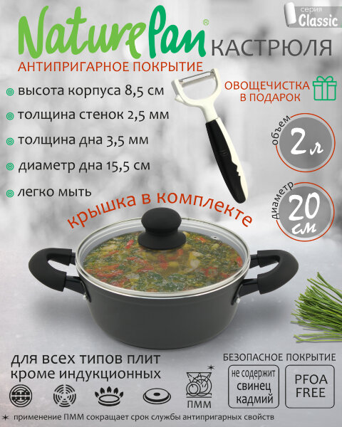 Кастрюля с крышкой 2л, с антипригарным керамическим покрытием, овощечистка в ПОДАРОК, NaturePan Classic