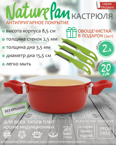 Кастрюля 2л, без крышки, с антипригарным керамическим покрытием, набор овощечисток в ПОДАРОК, NaturePan Modern