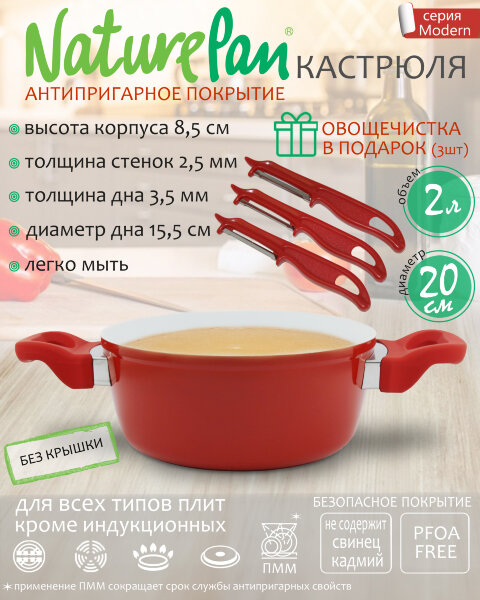 Кастрюля 2л, без крышки, с антипригарным керамическим покрытием, набор овощечисток в ПОДАРОК, NaturePan Modern