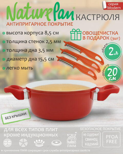 Кастрюля 2л, без крышки, с антипригарным керамическим покрытием, набор овощечисток в ПОДАРОК, NaturePan Modern